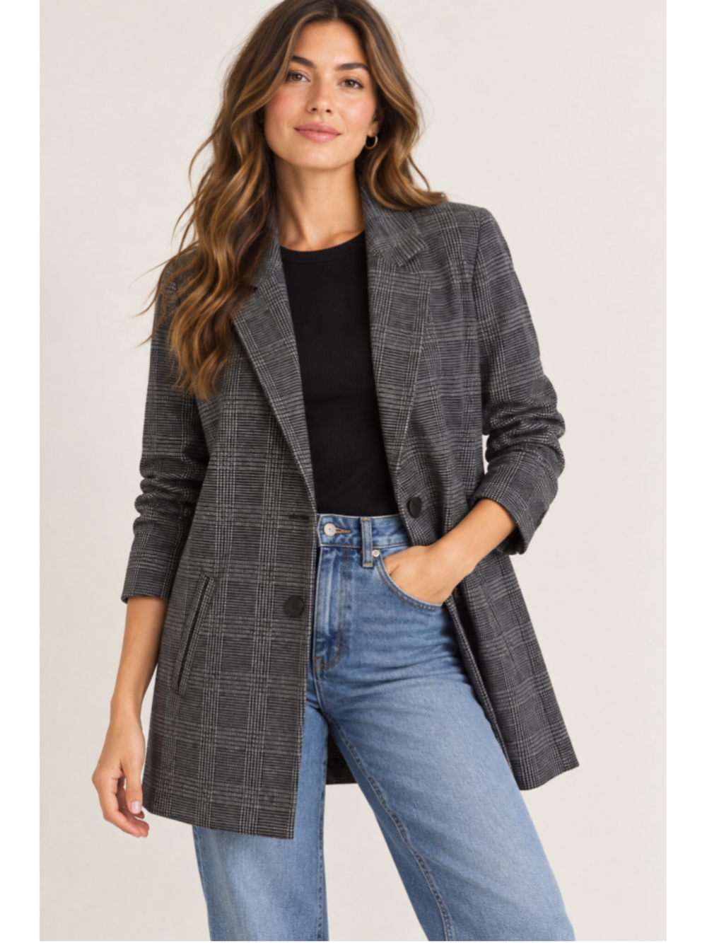 Madewell XS Glen Plaid Longline Blazer Jacket Black Gray Menswear